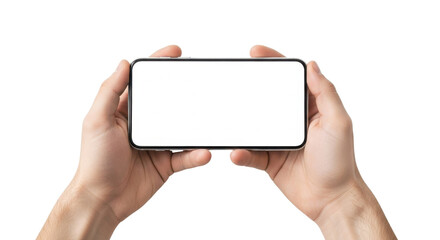 Person holding a smartphone with a blank screen in landscape mode isolated PNG with Transparent Background
