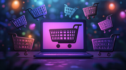 Shopping cart animation with laptop for online shopping. E-commerce concept for Black Friday and Cyber Monday sale events. Shopping, Day After Thanksgiving - Global Discount Day, November Sales Event