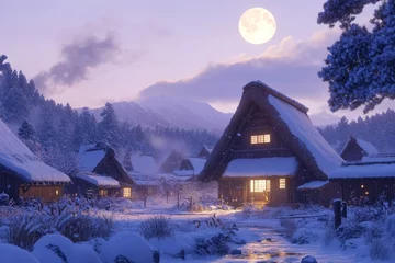 Fototapeten Traditional Japanese village in winter at night under a full moon © azwan