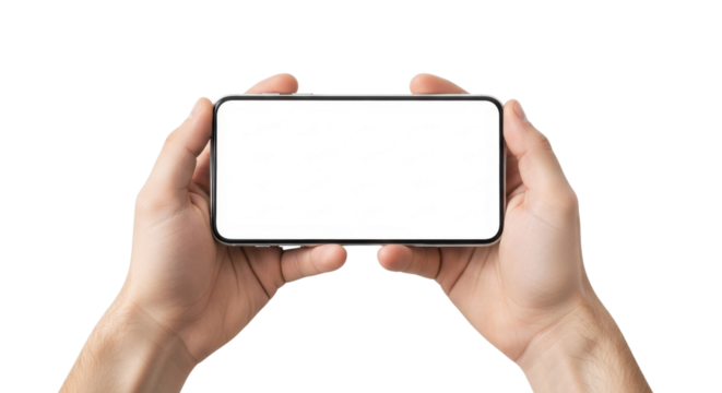 Man's Hands Holding Horizontal Black Smartphone Mockup with Blank Screen Isolated on White Background