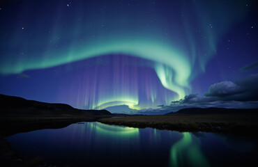 Naklejka premium Northern Lights swirling over calm lake under night sky