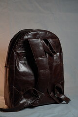 Rear-side view of a luxurious dark brown leather backpack with adjustable straps and practical...