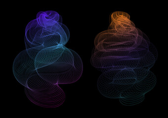 Abstract vibrant spiral forms twist in neon wireframe.