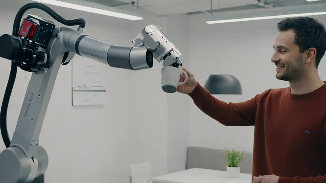 Man receiving coffee from robotic arm. Smart robot barista serving drink in office breakroom. Automation technology concept footage.