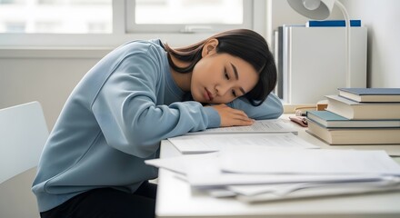 Exhausted student slumps over her desk, surrounded by textbooks and papers, a testament to late-night studying and academic pressure. The weight of her studies is palpable.
