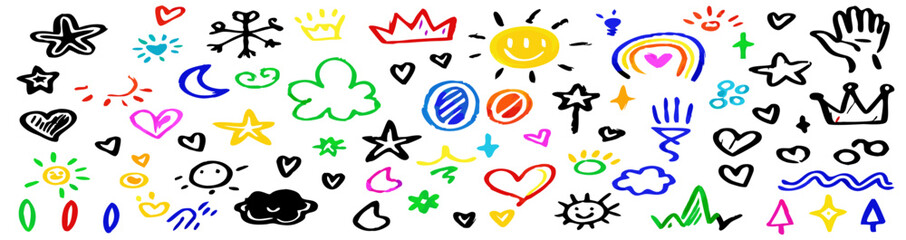 Colorful Hand-Drawn Doodle Icons: Hearts, Stars, Crowns, Sun, Clouds