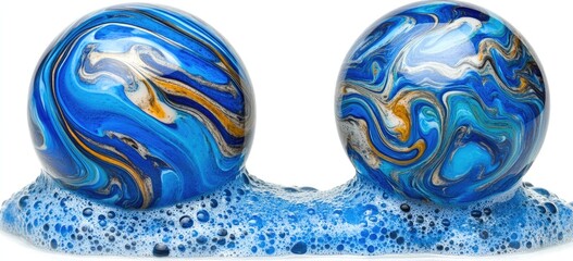Two marbled spheres resting on a bed of blue soapy bubbles