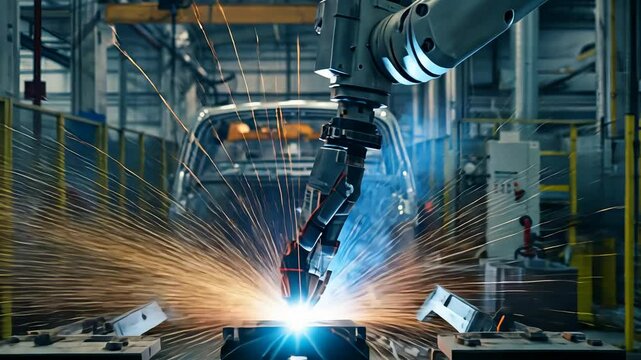 Robotic arm welding metal part in smart factory. Industrial automation manufacturing process. Digital transformation industry 4.0 concept footage.