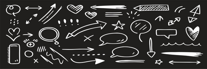 Hand-Drawn Doodle Arrows, Speech Bubbles & Hearts; White on Black