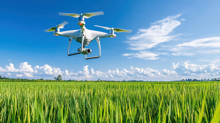 Drone hovers above lush green rice field under bright blue sky with fluffy clouds, capturing stunning aerial views