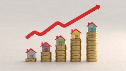 Rising real estate prices and housing market concept with stacked coins, small houses on top and a red upward arrow in 3D illustration