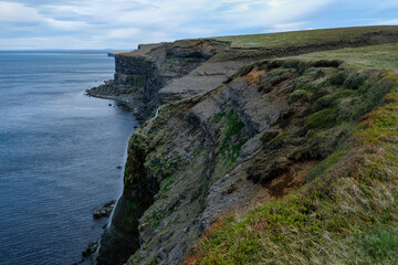Dramatic coastal cliffs of Iceland, covered in green vegetation, descending sharply into the deep blue ocean under a vast, cloudy sky, showcasing the rugged beauty of the coastline