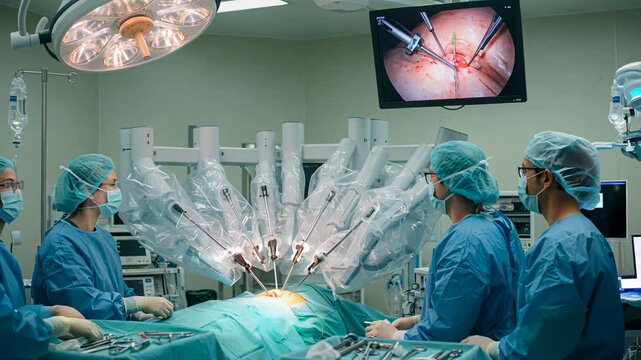Surgeons performing robotic surgery in operating room. Team of women and man doctors using advanced medical technology footage.