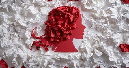 Red paper profile of a woman's head, surrounded by crumpled white paper