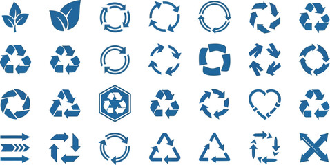 Vector art of a set of blue recycling icons and leaf symbols representing environmental sustainability, isolated on white background