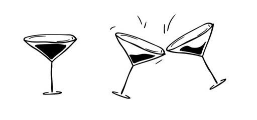 Doodle Cocktail glasses cheers drinks. Cheers with two alcohol drinks drawing. Celebration toast illustration. vector illustration