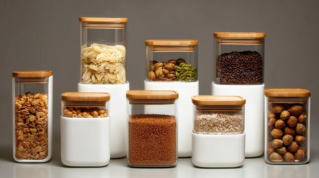 Pantry storage containers display with assorted foods, on a kitchen counter, in background
