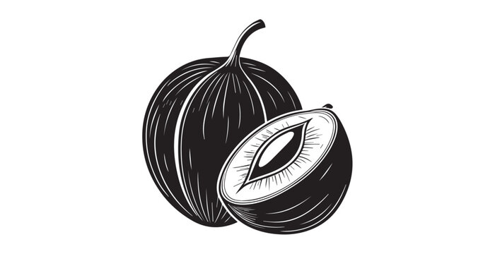 Whole and halved fig fruit in a distinctive black and white silhouette style