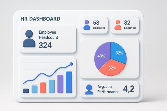 HR Dashboard Displaying Employee Headcount, Job Performance Metrics, and Graphical Statistics Overview