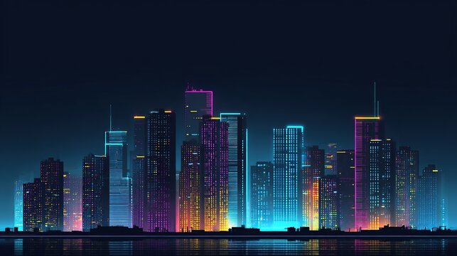 Neon cityscape at night reflecting on water. Vibrant colors illuminate the skyscrapers in a futuristic, stylized design