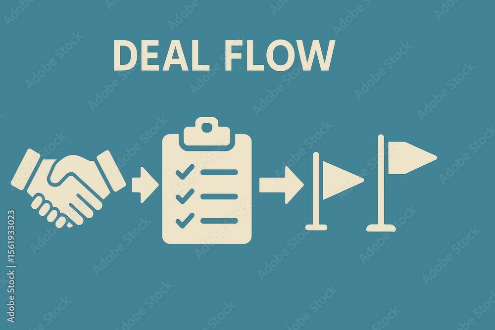 Poster visual representation of deal flow process with handshake and checklists on blue background