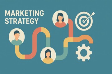 Creative Marketing Strategy Illustration with People, Target, Pathway, and Gear Elements