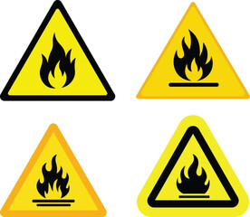 Four warning signs depicting highly flammable hazard symbols in yellow and black