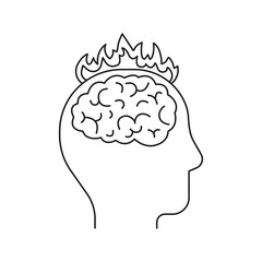 Brain with fire, head profile. Burnout on stress, brainstorm. Intense brain activity from overwork, tension, multitasking. Vector illustration