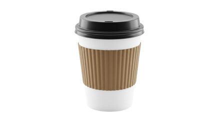 Coffee cup with black lid and brown corrugated cardboard sleeve on white background