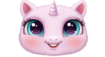 Cute cartoon unicorn head with pink fur and big blue eyes isolated PNG with Transparent Background
