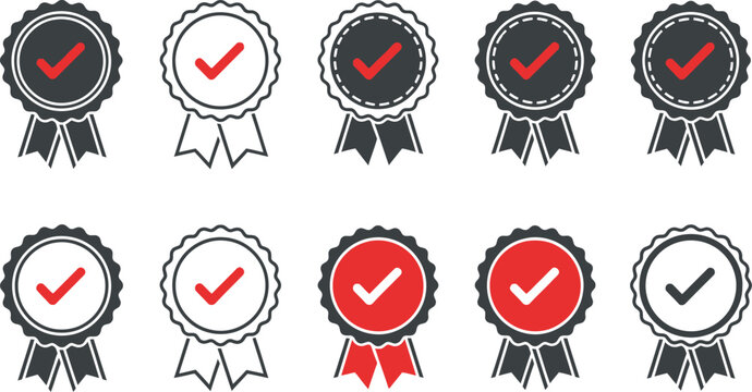 Vector art of a set of vector check mark badge icons isolated on white background, representing quality, approval, and certification