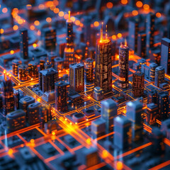 Smart city development - glowing 3D model of modern town