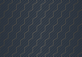 Seamless pattern features an array of interconnected isometric hexagons with diagonal lines, creating a deep navy and shimmering gold geometric design. Ideal for sophisticated backgrounds.
