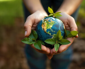 Earth in hands with leaves around