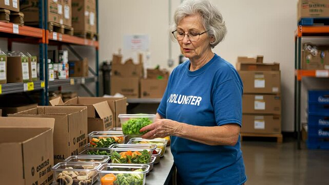 Smiling senior woman volunteer packaging fresh meal at food bank or warehouse for charity donation footage.