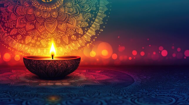 Traditional clay lamp, diya, with bright flame. glowing on decorated surface with mandala design bokeh lights for spiritual and festive vibe in Diwali celebration. Deepavali, Festival Lights, Dipawali