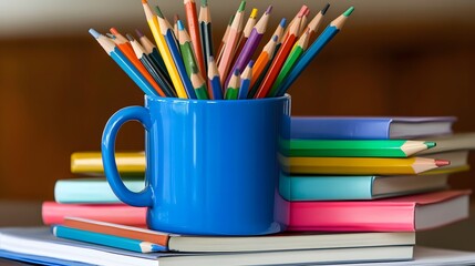 Fototapeta premium Colorful Pencils in Blue Mug on Stack of Books