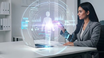 Woman doctor interacting with virtual holographic display showing human body and medical data. Healthcare technology concept footage. - Powered by Adobe