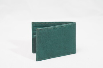 Open dark green leather wallet with a textured finish and contrasting stitching, offering a unique...