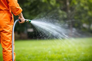 Watering Lawn with Garden Hose: Person in Orange Jumpsuit Sprinkling Green Grass, Summer Yard Work, Lawn Care, Outdoor Gardening, Water Spray