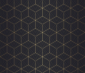 Seamless pattern featuring an array of striped isometric hexagons, creating a sophisticated repeating gold linear design on a deep navy background. Perfect for modern luxury.