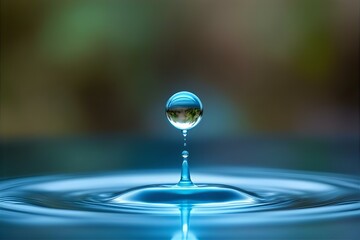 Water Drop Macro Photography: Close-Up of a Falling Droplet Creating Ripples in Blue Water, Reflecting Nature's Beauty