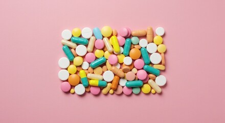 Obraz premium Pastel Pills Colorful Medications on Pink Background with Health Wellness.