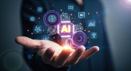 A hand gently cradles a glowing, futuristic circuit board with 'AI' prominently displayed, surrounded by various interconnected technological icons. 