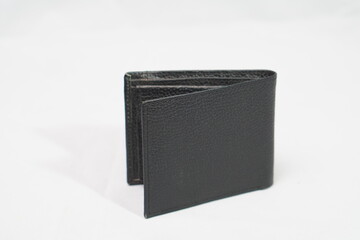 Open black textured leather wallet, displaying its clean interior and card slots for practical...