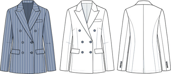 Women’s double-breasted blazer flat sketch with button details, tailored fit, back darts, lapel collar, and striped fashion design. flat vector illustration