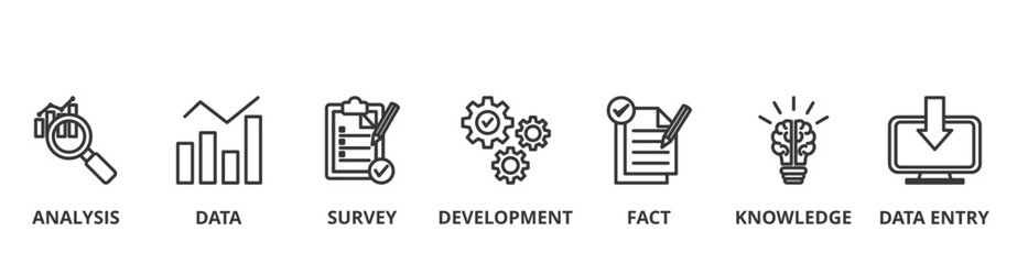 Research banner vector illustration concept with icon of analysis, data, survey, development, fact, knowledge and data entry