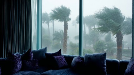 Dark blue velvet sofa with purple pillows in modern living room interior with large windows showing palm trees bending in strong hurricane winds and gloomy stormy sky outside
