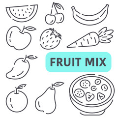 Set of Fruit Icons in thin line with space. Icons for healthy eating, dieting, and cooking websites.