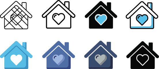Vector art of a set of house icons with heart symbols in various styles, isolated on white background